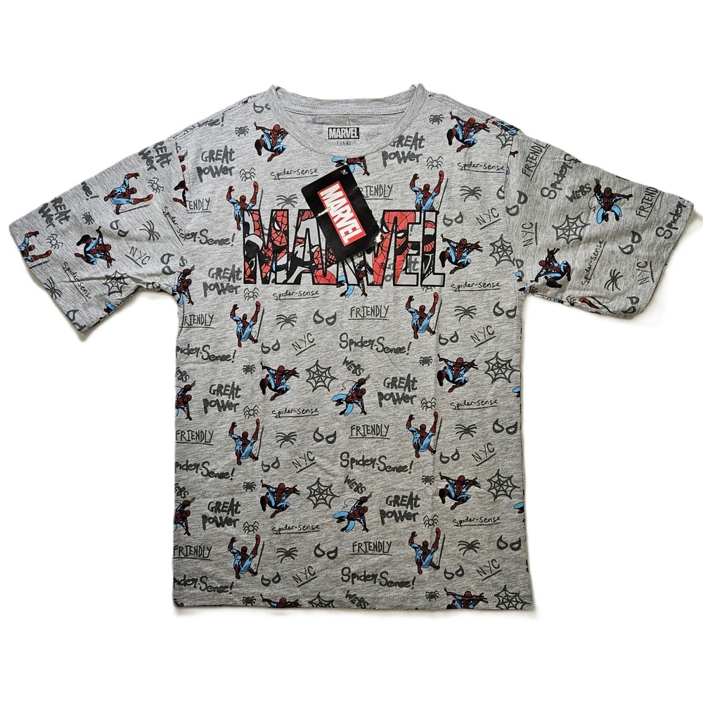 Marvel Amazing Spiderman Boy's T-Shirt, Gray, Sz LG (14), All Over Graphics, NWT